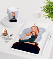 BK Gift Kişiye Özel Bayan Yoga Karikatürlü Beyaz Defter Kalem Türk Kahvesi Fincanı Seti-2 (Model 1)