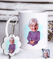 BK Gift Kişiye Özel Büyükanne Karikatürlü Beyaz Kupa ve Anahtarlık Hediye Seti (Model 1)