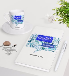 BK Gift Kişiye Özel İngilizce Öğretmeni Beyaz Defter Kalem Türk Kahvesi Fincanı Seti-4 (Model 1)