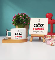 Göz Doktoru Ahşap Altlıklı Fincan ve Dekoratif Taş Baskı Seti