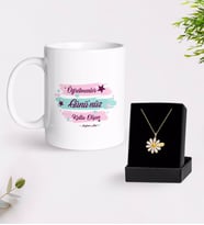 BK Gift Kişiye Özel Öğretmenler Gününüz Kutlu Olsun Beyaz Kupa ve Papatya Kolye Hediye Seti-4 (Model 1)