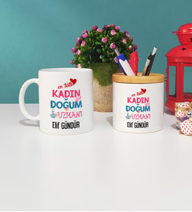 Mesajlı Kadın Doğum Uzmanı Kupa Bardak ve Kalemlik Hediye Seti