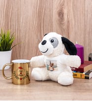 Sevgiliye Hediye İsim ve Kalpli Gold Kupa Bardak ve Peluş Köpek
