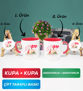 İkili Kırmızı Sevgiliye Sevgililer Günü Hediyesi 5 Kupa Bardak Anahtarlık