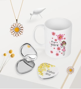 BK Gift Kişiye Özel Bugün Günlerden Annem Kupa Kalp Ayna Papatya Kolye Bileklik Seti-2 (Model 1)