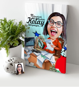 BK Gift Kişiye Özel Bayan Bankacı Karikatür Kanvas Tablo 30x50cm 1