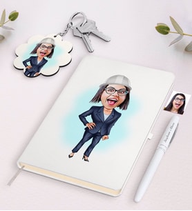 BK Gift Kişiye Özel Kadın Mühendis Karikatürlü Beyaz Defter Kalem ve Anahtarlık Hediye Seti (Model 1)