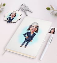 BK Gift Kişiye Özel Kadın Mühendis Karikatürlü Beyaz Defter Kalem ve Anahtarlık Hediye Seti (Model 1)