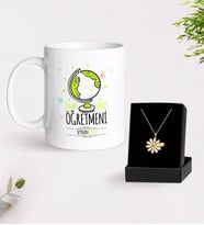 BK Gift Kişiye Özel En İyi Sınıf Öğretmeni Beyaz Kupa ve Papatya Kolye Hediye Seti-3 (Model 1)