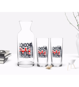 BK Gift Kişiye Özel Renkli Baskılı London Tasarımlı İkili Rakı Bardağı ve Karaf Hediye Seti-3 (Beyaz)