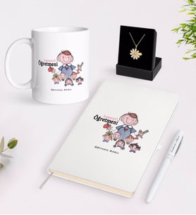 BK Gift Kişiye Özel Anasınıfı Öğretmeni Beyaz Kupa Defter Kalem ve İsimli Papatya Kolye Hediye Seti-2 (Model 1)