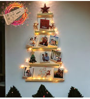 Kişiye Özel 12 Fotoğraflı Ağaç Yılbaşı Yeni Yıl Christmas Tasarımlı  Dekoratif Masif Ahşap Led Işıklı Duvar Askısı