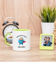 Süper Baba Yeşil Kupa Bardak ve Yeşil Mini Fotoğraf Çerçevesi