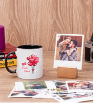 Sevgililere Özel Balon Tasarım Siyah Kupa Bardak ve Ahşap Standlı Polaroid Set