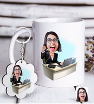 BK Gift Kişiye Özel Bayan Asistan Karikatürlü Beyaz Kupa ve Anahtarlık Hediye Seti-1 (Model 1)