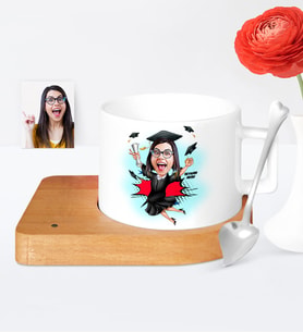 BK Gift Kişiye Özel Mezuniyet Karikatür Ahşap Altlıklı Seramik Fincan  2