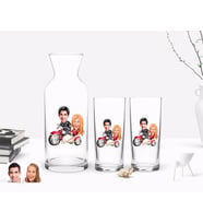 BK Gift Kişiye Özel Renkli Baskılı Sevgililer Karikatürlü İkili Rakı Bardağı ve Karaf Hediye Seti-12 (Model 1)