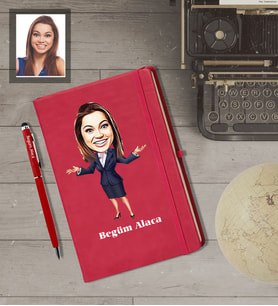 Kişiye Özel İş Kadını Karikatürlü  Kırmızı Defter Kalem Hediye Seti Bayan-3