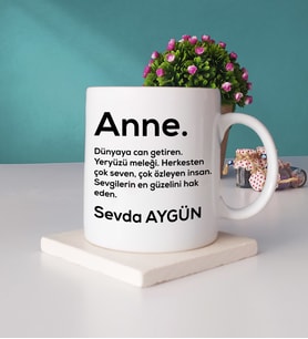 Anneler Günü Hediyesi İsme Özel Anne Kupa Bardak ve Taş Bardak Altlığı Seti