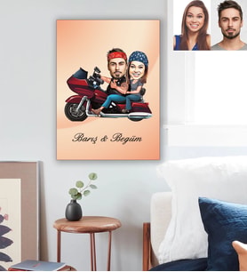Kişiye Özel Motorcu Sevgili Karikatürlü Ahşap Tablo 30x47 Model 2