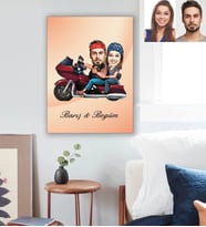 Kişiye Özel Motorcu Sevgili Karikatürlü Ahşap Tablo 30x47 Model 2