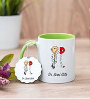 Doktor Karikatürü Yeşil Kupa Bardak Ve Anahtarlık Set