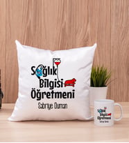 Sağlık Bilgisi Öğretmeni Kare Yastık ve Beyaz Kupa Bardak