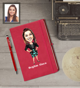 Kişiye Özel Öğretmen Karikatürlü  Kırmızı Defter Kalem Hediye Seti Bayan-7