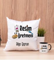 Resim Öğretmeni Kare Yastık ve Siyah Kupa Bardak