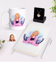 BK Gift Kişiye Özel Bayan Sınıf Öğretmeni Karikatürlü Beyaz Kupa Defter Kalem ve İsimli Papatya Kolye Hediye Seti-2 (Model 1)