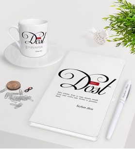 BK Gift Kişiye Özel Mânâ Dost Beyaz Defter Kalem Türk Kahvesi Fincanı Seti-1 (Model 1)
