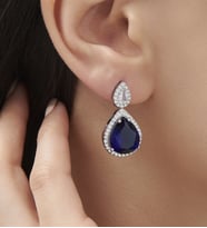 925 Ayar  Radyum Kaplama Safir Taşlı Damla Gümüş Küpe