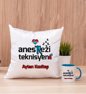 Anestezi Teknisyeni Kare Yastık ve Mavi Kupa Bardak