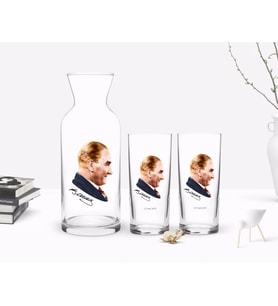 BK Gift Kişiye Özel Renkli Baskılı Atatürk Temalı İkili Rakı Bardağı ve Karaf Hediye Seti-11 (Model 1)