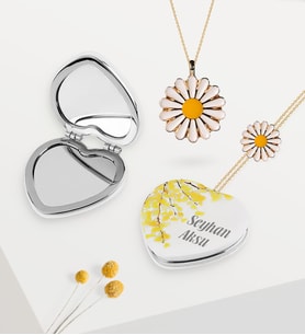BK Gift Kişiye Özel Çiçekli Beyaz Kalp Ayna Papatya Kolye ve Bileklik Set