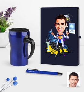 BK Gift Kişiye Özel Bay Diş Hekimi Karikatürlü Lacivert Defter Kalem Termos Mug Seti - 1 (Model 1)