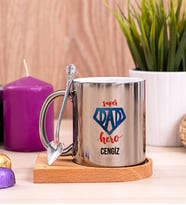 Super Dad Babaya Hediye Ahşap Altlıklı Silver Kupa Bardak