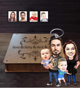 Kişiye Özel Aile Karikatürlü Ahşap Anahtarlık Kutulu  Mod-2