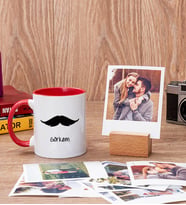 Bıyık Tasarım Kırmızı Kupa Bardak ve Ahşap Standlı Polaroid Set