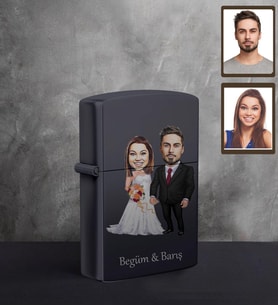 Kişiye Özel Gelin Damat Karikatürlü UV Baskılı Siyah Benzinli Çakmak Mod-8