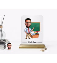 BK Gift Kişiye Özel Erkek Öğretmen Karikatürlü Ahşap Standlı Çerçeve (Beyaz)