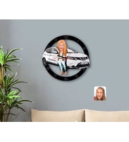 BK Gift Kişiye Özel Plakalı Kadın Nissan Qashqai Karikatürlü Ahşap Duvar Saati-1 (Beyaz)