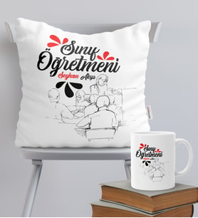 BK Gift Kişiye Özel Sınıf Öğretmeni Temalı Yastık Kupa Seti - 1