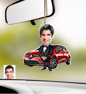 BK Gift Kişiye Özel Bay Renault Clio Karikatürlü Ahşap Araba Dikiz Ayna Süsü-1 (Beyaz)