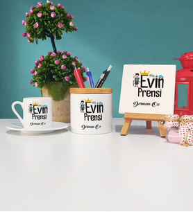 Evin Prensi Tasarımlı Kişiye Özel Hediye Evin Prensi Türk Kahvesi Fincanı Kalemlik ve Dekoratif Taş Baskı Hediye Seti