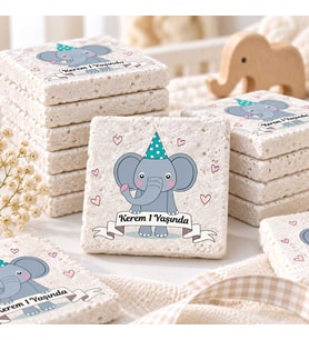 30 Adet Kişiye Özel Baskılı Doğal Taş Magnet 5x5cm Doğum Günü, Hoşgeldin Bebek (Beyaz)