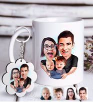BK Gift Kişiye Özel Aile Karikatürlü Beyaz Kupa ve Anahtarlık Hediye Seti-4 (Model 1)