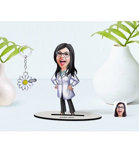 BK Gift Kişiye Özel Kadın Doktor Karikatürlü 3D Ahşap Biblo ve İsimli Silver Papatya Anahtarlık-1 (Model 1)