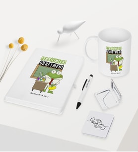 BK Gift Kişiye Özel Fen Bilimleri Öğretmeni Temalı Beyaz Defter Kalem Kupa Ayna Seti - 2