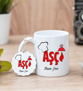 Aşçı Beyaz Kupa Bardak Ve Anahtarlık Set